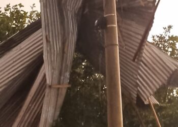 Tormenta en Villa Mercedes: Volaron chapas y quedaron incrustadas en una columna de alumbrado público.