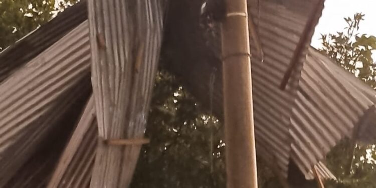Tormenta en Villa Mercedes: Volaron chapas y quedaron incrustadas en una columna de alumbrado público.