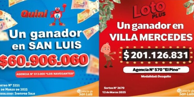 Dos nuevos súper millonarios con el Quini 6 y el Loto Plus en San Luis y Villa Mercedes.