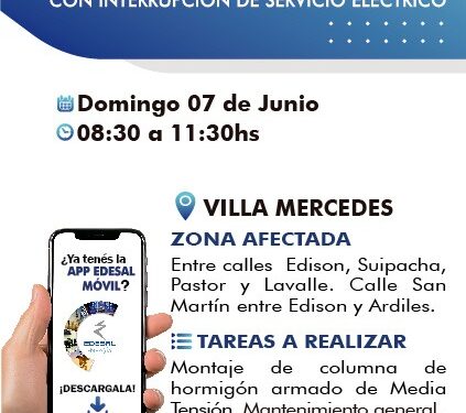 Corte programado del servicio eléctrico este domingo en zonas de Villa Mercedes